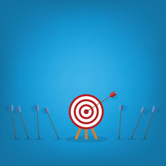 Business challenge failure and success concept. Blue arrows missed hitting target and only red one hits the center.	