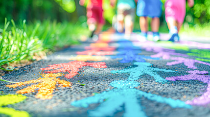 Fototapeta premium Children's feet walk on a vibrant, colorful path in a playground, highlighting active childhood and playfulness.