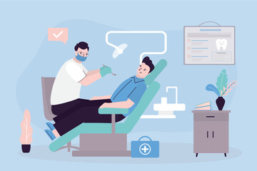 Man patient in chair in dental clinic or hospital with dentist. Healthcare. Dentist in dental room interior with furniture, patient on chair, male doctor performing operation.