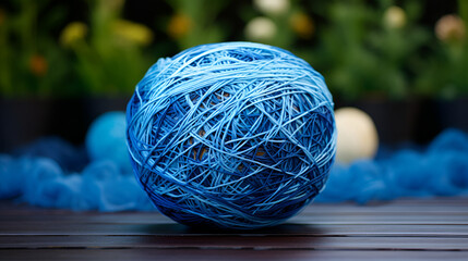 Beautiful bright ball of blue wool on a light background.  - obrazy, fototapety, plakaty