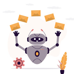 Robot or spam bot juggles yellow envelopes. Email management, mail targeting and promotion, email processing, data prioritization,