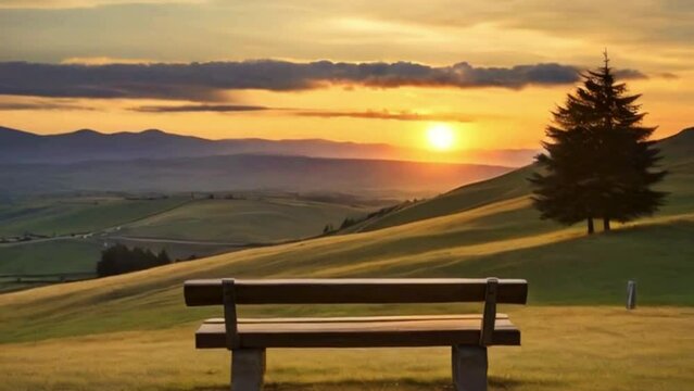bench on top of a hill for a beautiful panoramic view of mountains and sunset