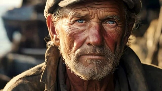 A weathered fisherman's face, illuminated by the soft morning light, reveals a lifetime of tales from the sea. His eyes, deep and reflective, hint at storms weathered and adventures embraced.
