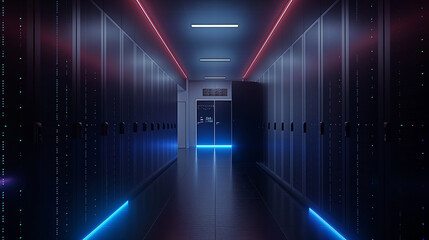 Modern server room with racks of network servers, led lights