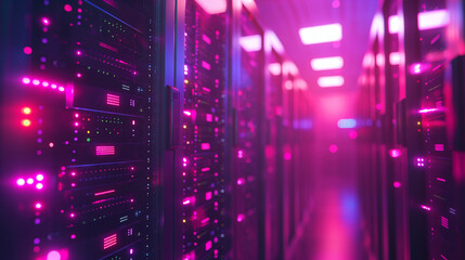 Modern server room with racks of network servers, led lights