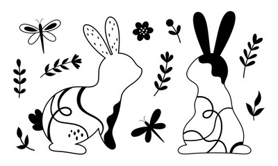 Black and white Easter bunny clipart. Happy Easter clip art in flat style. Hand drawn vector illustration.