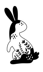 Black and white Easter bunny clipart. Happy Easter clip art in flat style. Hand drawn vector illustration.