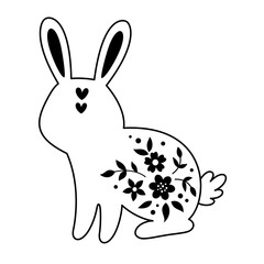 Black and white Easter bunny clipart. Happy Easter clip art in flat style. Hand drawn vector illustration.