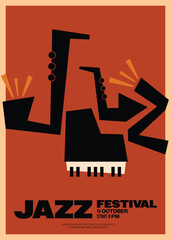 Jazz music festival poster template design background with piano and saxophone