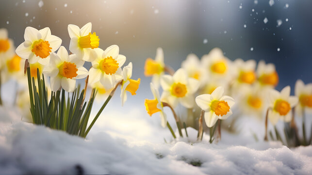 Golden Winter Daffodils Blooming Against the Snow