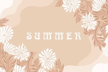 Vector illustration with abstract flowers frame and lettering Summer isolated on light brown background. Design for greeting card, poster, print, invitation template, banner, flyer