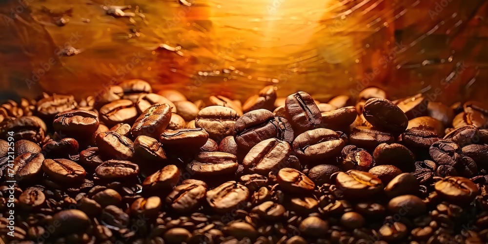 Poster Close-up of dark roasted coffee beans with sparkling golden light, creating a warm, inviting atmosphere.