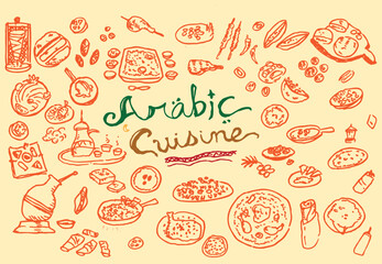 Arabic Cuisine Doodle art. Editable Clip Art.