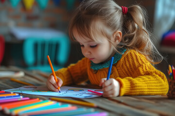 Little girl drawing with colored pencils at table