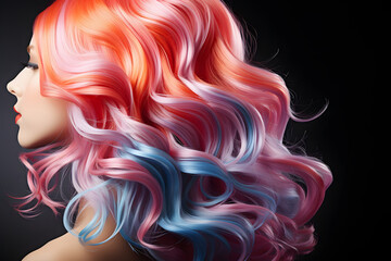 Cute and Beautiful Woman with Colorful Wavy Hair Isolated on Black Background - obrazy, fototapety, plakaty