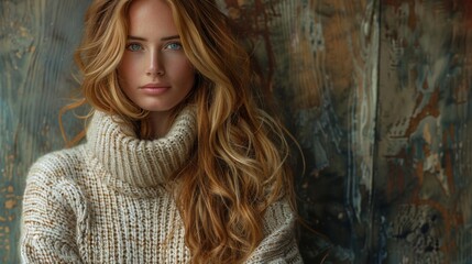 Fototapeta premium A woman with long hair wearing a turtle neck sweater