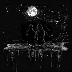 abstract, universe, cosmos, couple sitting on a bench, line drawing, sketch, grunge, black background