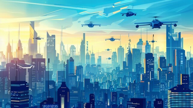 A bustling future cityscape under a clear sky with autonomous drones crisscrossing above the modern skyscrapers.
