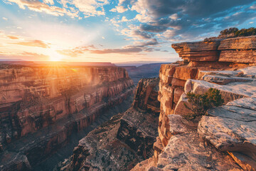 The sun sets on the Grand Canyon, casting a warm glow that illuminates the rugged cliffs and...
