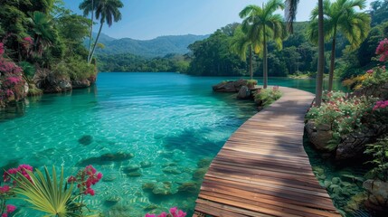 A wooden walkway over a body of water surrounded by palm trees