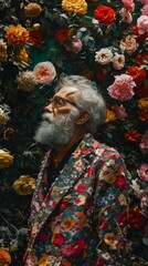 A man standing in front of a wall of flowers