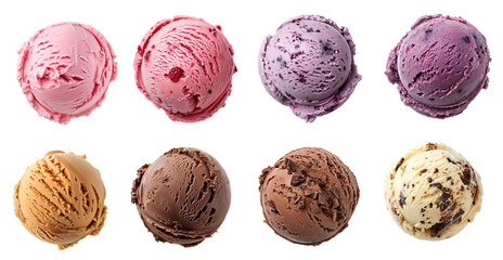 Ice cream scoops ball chocolate vanilla chocolate chip coffee mix berry strawberry milk based dessert isolated background	