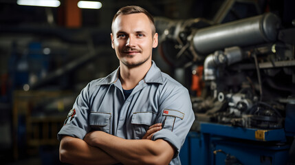 smiling mechanic in the workshop. 