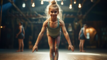A smiling little gymnast girl trains, performs acrobatic exercises in the gym. Sports, Children, Fitness, Health, Active lifestyle, Yoga concepts. - obrazy, fototapety, plakaty