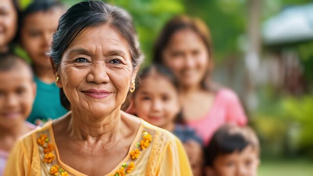 Slow motion portrait of a Filipino grandma smiling in front of her out of focus family