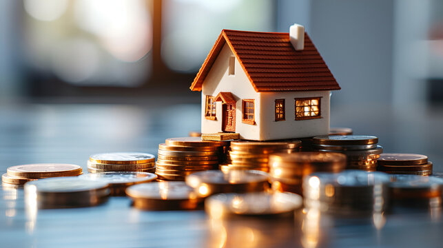 Photo of a small house perched on top of a stack of coins, generative ai