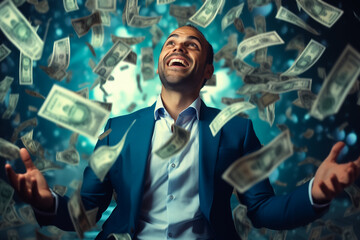 Obraz premium A cheerful and successful businessman stands beneath a cascade of falling dollar banknotes. Expressing joy, achievement, radiating happiness, and accomplishment. Generative AI.