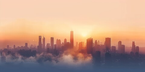 Fototapeta premium Digital art of a city skyline with an abstract, layered design in warm sunset colors, creating a serene atmosphere.