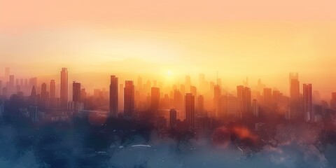 Fototapeta premium Digital art of a city skyline with an abstract, layered design in warm sunset colors, creating a serene atmosphere.