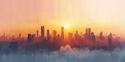 Digital art of a city skyline with an abstract, layered design in warm sunset colors, creating a serene atmosphere.