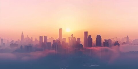 Digital art of a city skyline with an abstract, layered design in warm sunset colors, creating a serene atmosphere. - obrazy, fototapety, plakaty