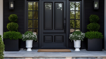 Black entrance door af a house decor with plants,exterior styling, residential, landscaping, welcoming entrance, 