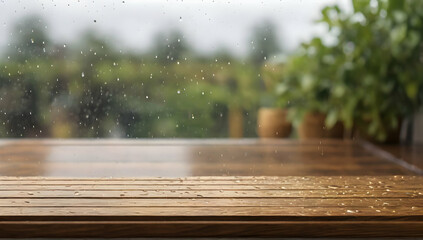 Wooden table top in rain drops on a clear window. Vintage style