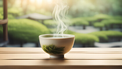 Hot green tea on a table with copy space