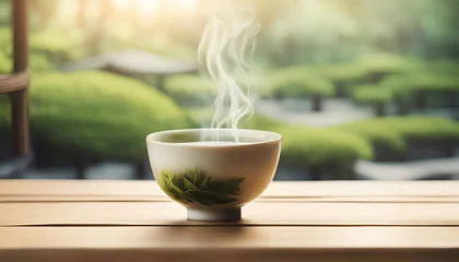 Fototapeten Hot green tea on a table with copy space © cobaltstock