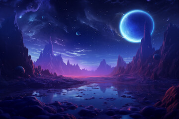 Mystical Cosmic Landscape: A Serene Night Sky Illuminated by a Glowing Planet