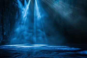 Blue Light Rays Illuminating Dark Room. Generative AI