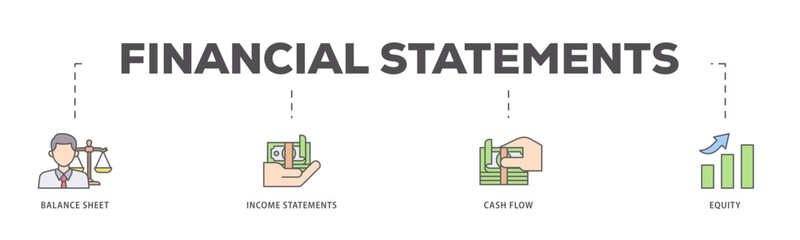 Financial statements icons process flow web banner illustration of graph, balance sheet, pie chart, income statements, money, calculator, income, earningicon live stroke and easy to edit 