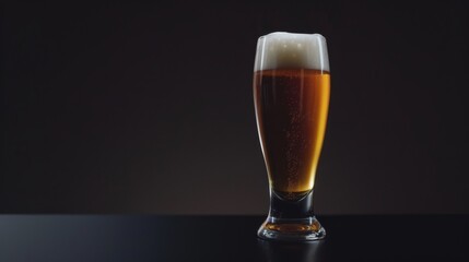 Full pint glass of beer with frothy head with copy space on dark background