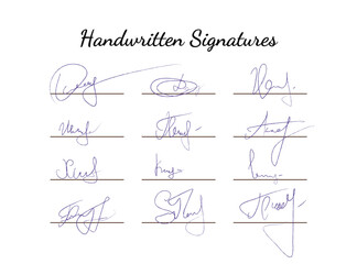 Fictitious autograph set. Handwritten fake signature collection. Lettering for business, signing of documents, certificates and contracts. Signature in blue pen color.  - obrazy, fototapety, plakaty