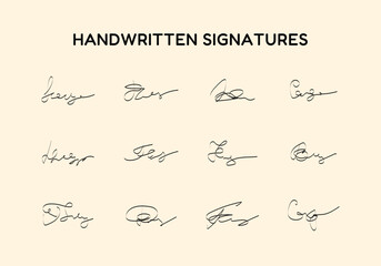 Handwritten fake signature collection. Lettering for business, signing of documents, certificates and contracts. Fictitious autograph set. Signature in black pen color. - obrazy, fototapety, plakaty