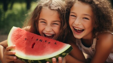 Close-up of happy carefree two little girls eating juicy delicious red watermelon. Smiling and...