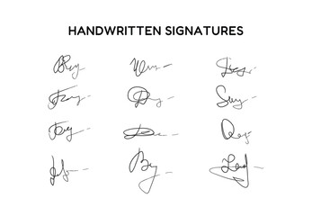 Fictitious autograph set. Handwritten fake signature collection. Lettering for business, signing of documents, certificates and contracts. Signature in black pen color.
