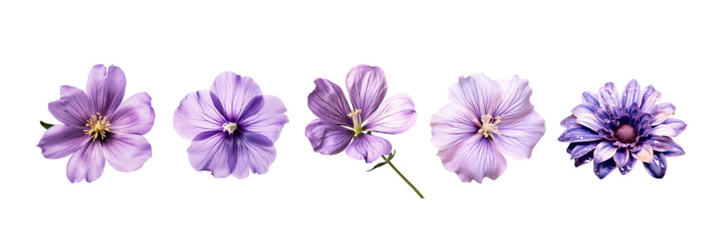 Set of spring purple flower blomming isolated on transparent background.