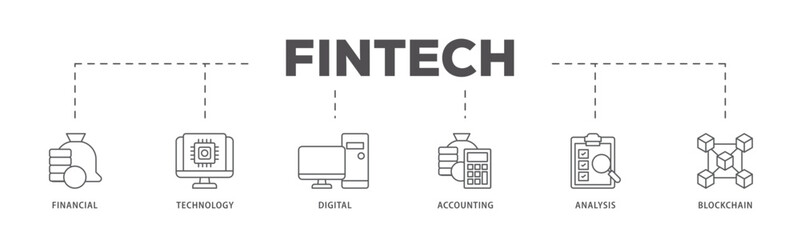 Fintech icons process flow web banner illustration of financial, technology, digital, accounting, analysis and blockchain icon live stroke and easy to edit 