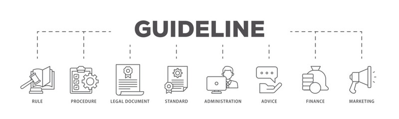 Guideline icons process flow web banner illustration of rule, procedure, legal document, standard, administration, advice, finance, marketing icon live stroke and easy to edit 